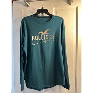 Hollister Men's Long Sleeve T-Shirt Teal Logo California Graphic Size L